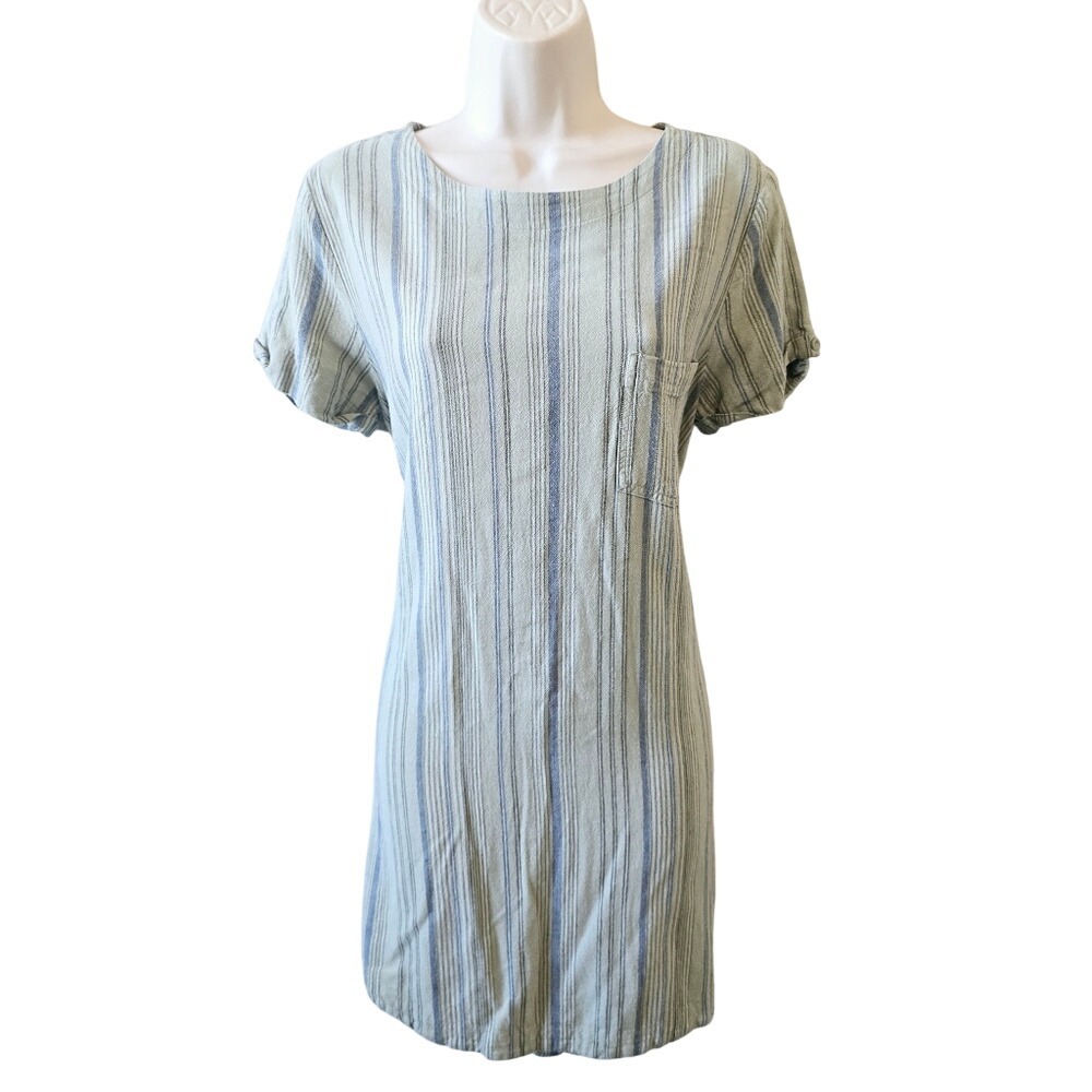 Cloth & Stone Blue Green Striped Linen Blend Button Back Shift Dress Medium